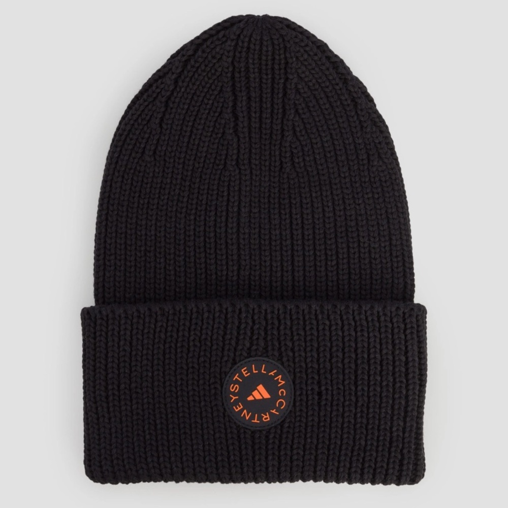 NWT Adidas By Stella McCartney Black Ribbed Knit Beanie with Orange Logo - Picture 6 of 13
